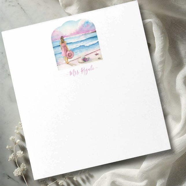 Cute Custom Notepads Personalized Stationery Gifts (custom notepad features watercolor woman on the beach in shades of pink & blue Victoria Grigaliunas)