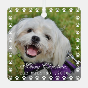 Cute Custom Paw Print Pet Name Year Photo Collage  Metal Ornament