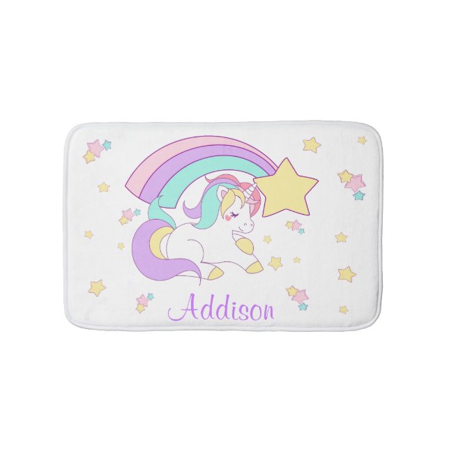 Cute Custom Personalized Magical Rainbow Unicorn Bath Mat (Front)