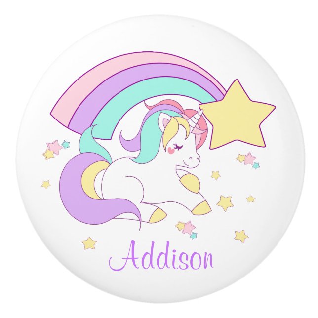 Cute Custom Personalized Magical Rainbow Unicorn Ceramic Knob (Front)