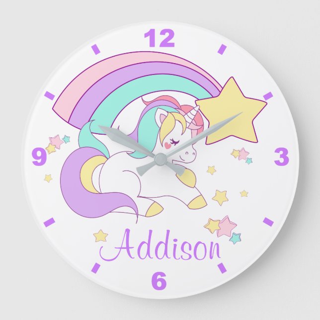 Cute Custom Personalized Magical Rainbow Unicorn Large Clock (Front)