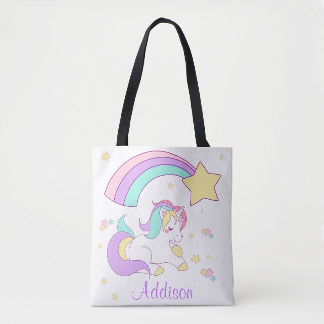 Cute Custom Personalized Magical Rainbow Unicorn Tote Bag (Front)
