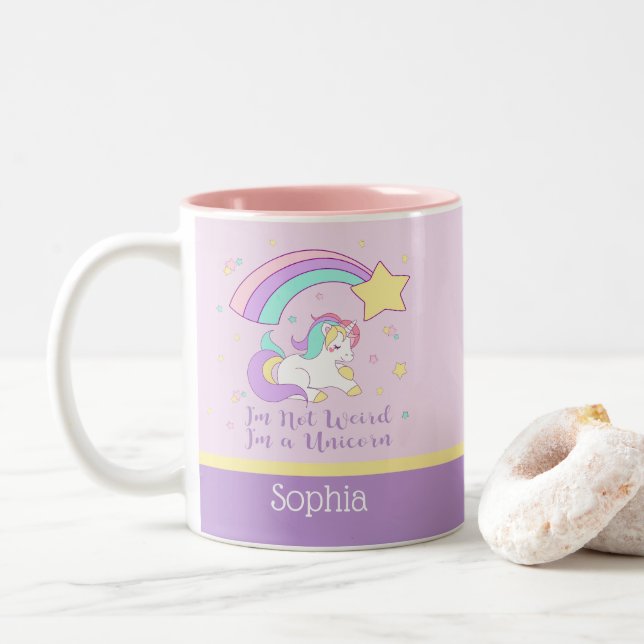 Cute Custom Personalized Magical Rainbow Unicorn Two-Tone Coffee Mug (With Donut)