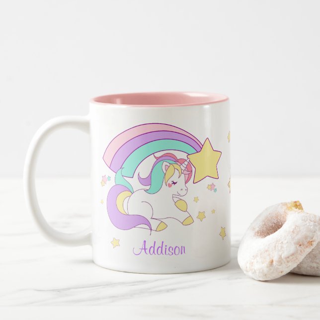 Cute Custom Personalized Magical Rainbow Unicorn Two-Tone Coffee Mug (With Donut)