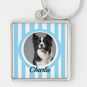 Cute Custom Pet Photo & Name Blue White Stripes Keychain