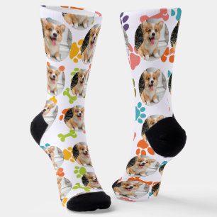 Cute Custom Pet Photo Socks with Colorful Paw Prin