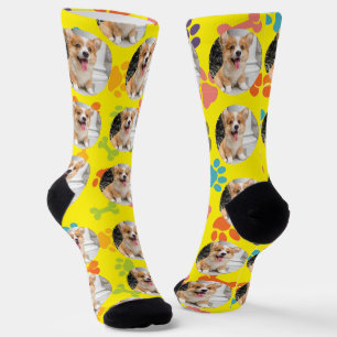 Cute Custom Pet Photo Socks with Colorful Paw Prin