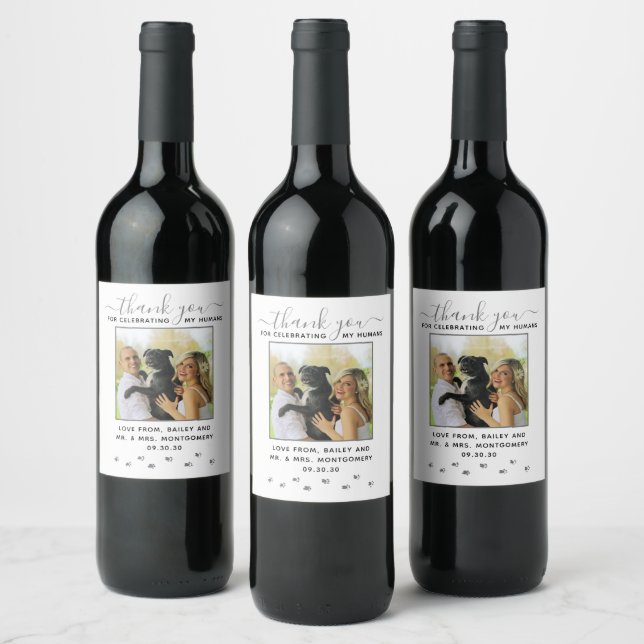 Cute Custom Pet Wedding Photo Thank You Wine Label (Bottles)