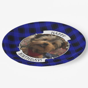 Cute Custom Photo Frame Blue & Black Plaid Paper Plate