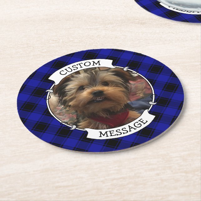 Cute Custom Photo Frame Blue & Black Plaid Round Paper Coaster (Angled)