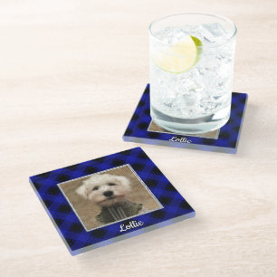 Cute Custom Photo Frame Classic Blue & Black Plaid Glass Coaster