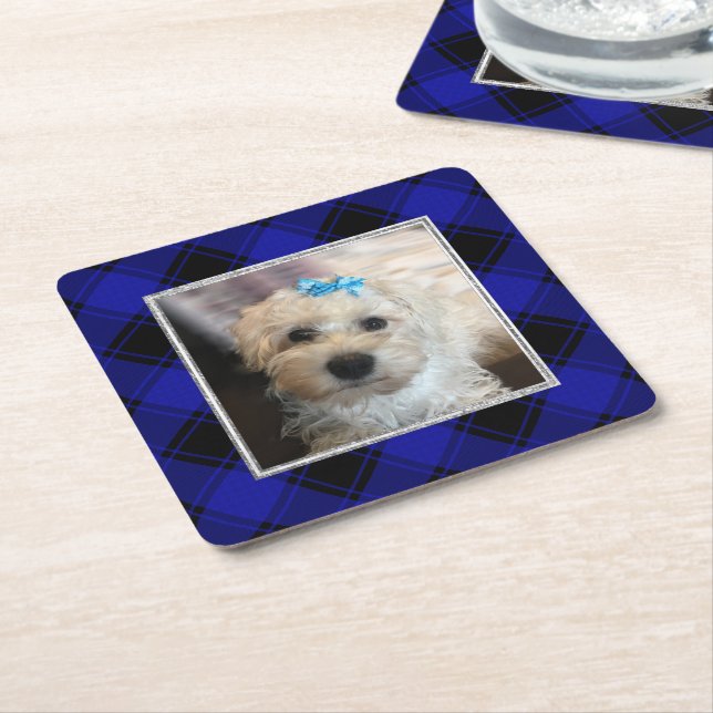 Cute Custom Photo Frame Classic Blue & Black Plaid Square Paper Coaster (Angled)