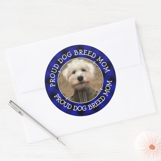 Cute Custom Photo Frame Pet Mom Blue & Black Plaid Classic Round Sticker (Envelope)