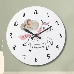 Cute custom photo & name unicorn kids wall clock 