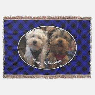 Cute Custom Photo Names Frame Blue & Black Plaid Throw Blanket