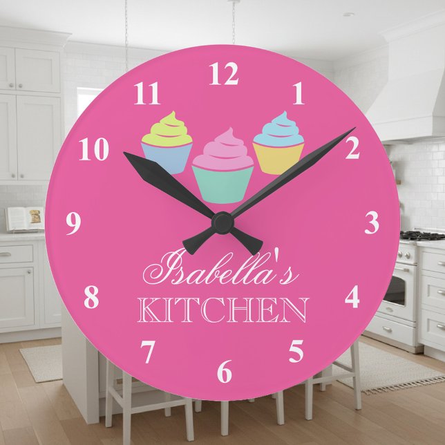 Cute custom pink cupcake kitchen wall clock (pink cupcake clock)