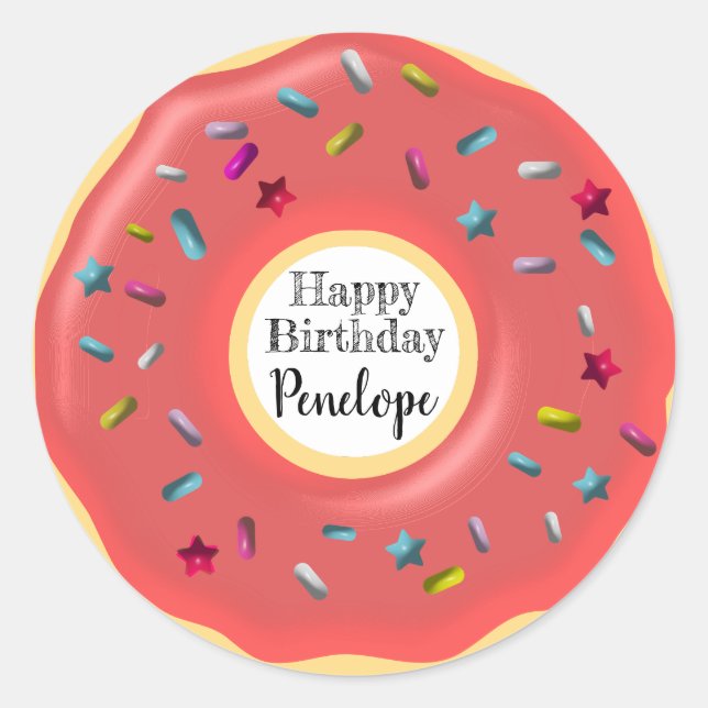 Cute Custom Pink Doughnut Decor | Happy Birthday Classic Round Sticker (Front)