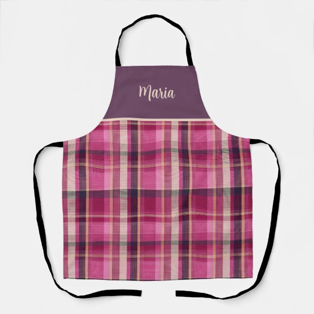 Cute Custom Pink Gingham Plaid Pattern Apron (Front)