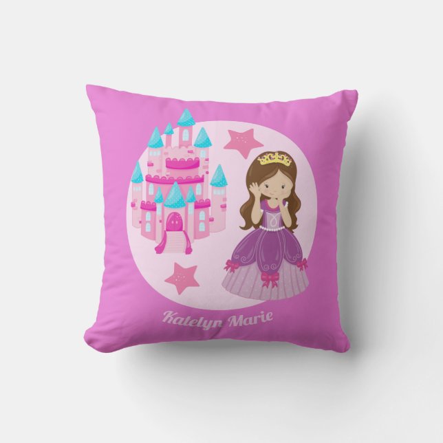 Cute Custom Pink Princess Castle Birthday Throw Pillow (Front)