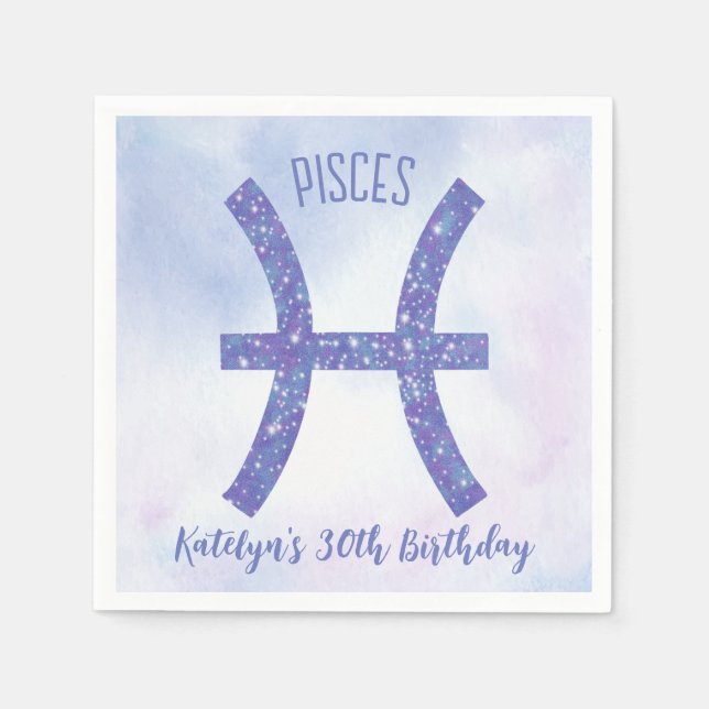 Cute Custom Pisces Sign Purple Birthday Party Napkin (Front)