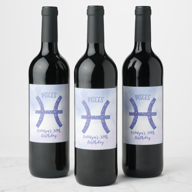 Cute Custom Pisces Sign Purple Birthday Party Wine Label (Bottles)