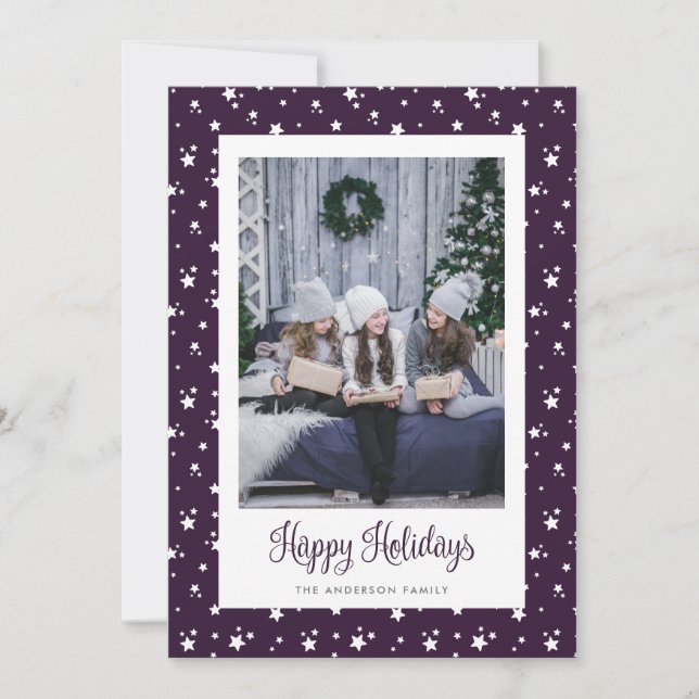 Cute Custom Purple Stars Photo Cartes de fin de an (Devant)