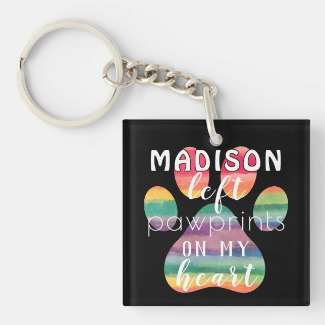 Cute Custom Rainbow Bridge Paw Prints On My Heart Keychain (Front)