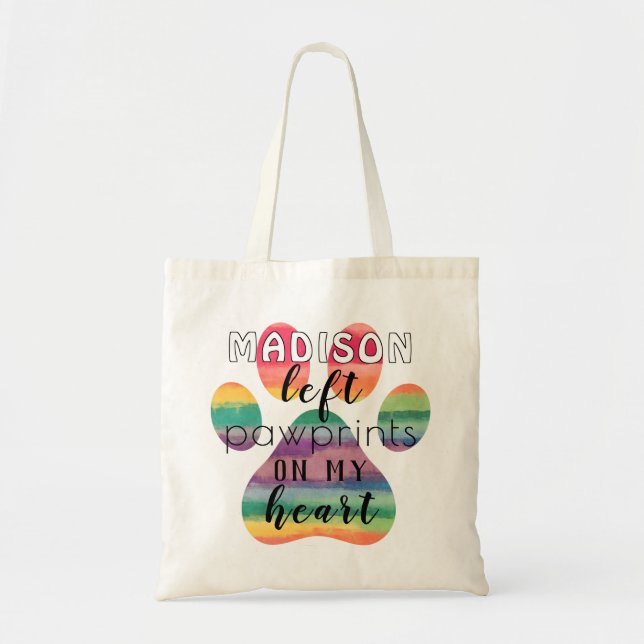 Cute Custom Rainbow Bridge Paw Prints On My Heart Tote Bag (Front)