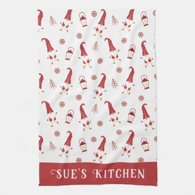 Cute Custom Red Noël Gnomes Serviette de cuisine (Vertical)