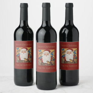 Cute Custom Rich Red Santa Claus Bluebirds  Wine Label
