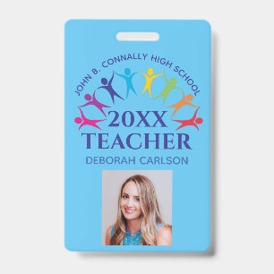 Cute Custom School Teacher Rainbow Name Blue Badge