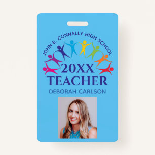 Cute Custom School Teacher Rainbow Name Blue Badge