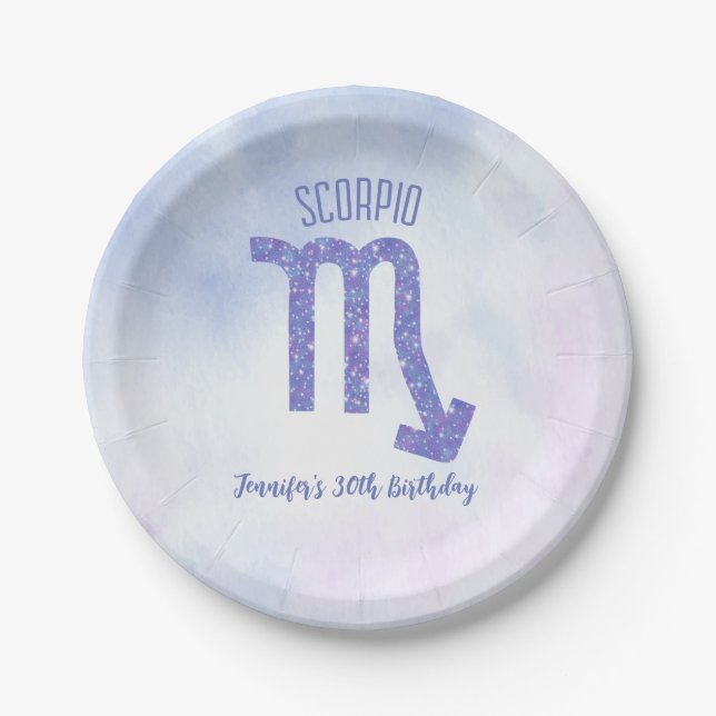 Cute Custom Scorpio Sign Purple Birthday Party Paper Plate (Front)