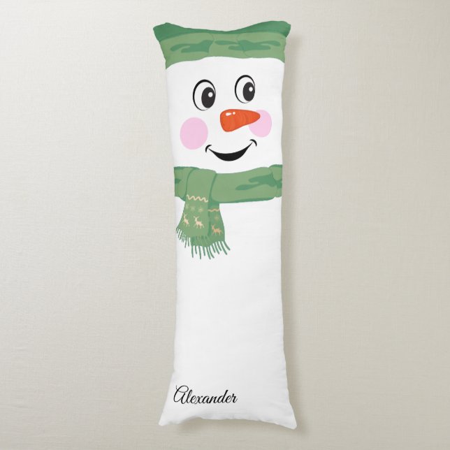 Cute Custom Snowman with Green Scarf and Hat Body Pillow (Front Vertical)