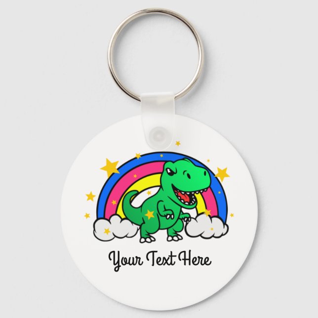 Cute Custom Text Green Dinosaur Rainbow Keychain (Front)