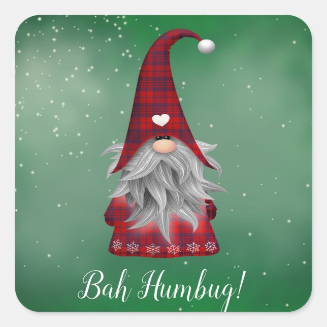 Cute Custom Text Grumpy Red Gnome Green Bah Humbug Square Sticker (Front)