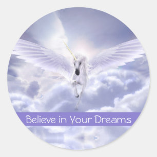 Cute Custom Text Magic Flying Unicorn Purple Cloud Classic Round Sticker