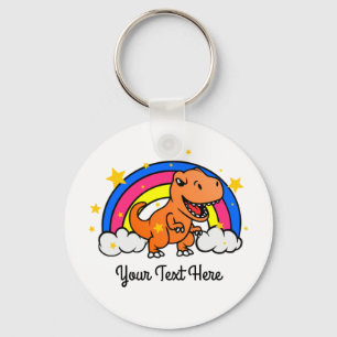 Cute Custom Text Orange Dinosaur Rainbow Keychain
