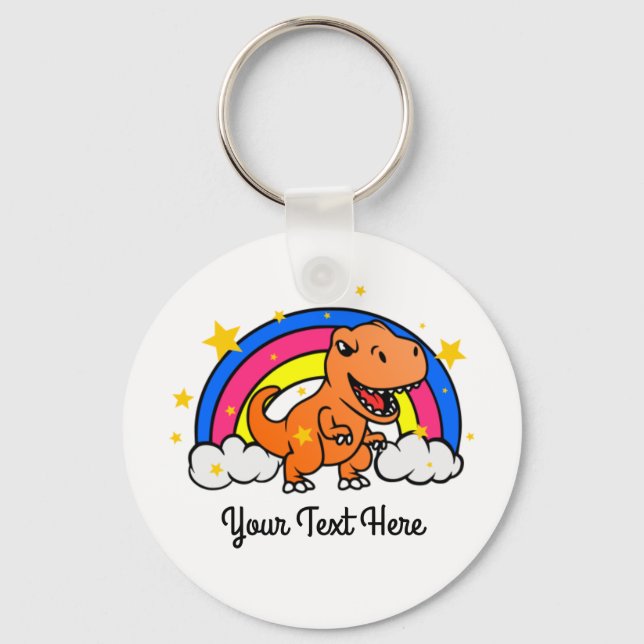 Cute Custom Text Orange Dinosaur Rainbow Keychain (Front)