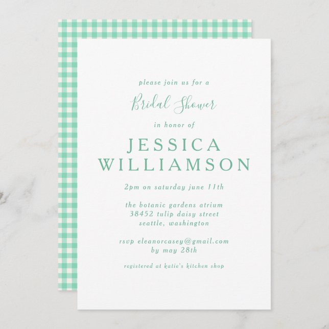 Cute Custom Vintage Gingham Green Bridal Shower Invitation (Front/Back)
