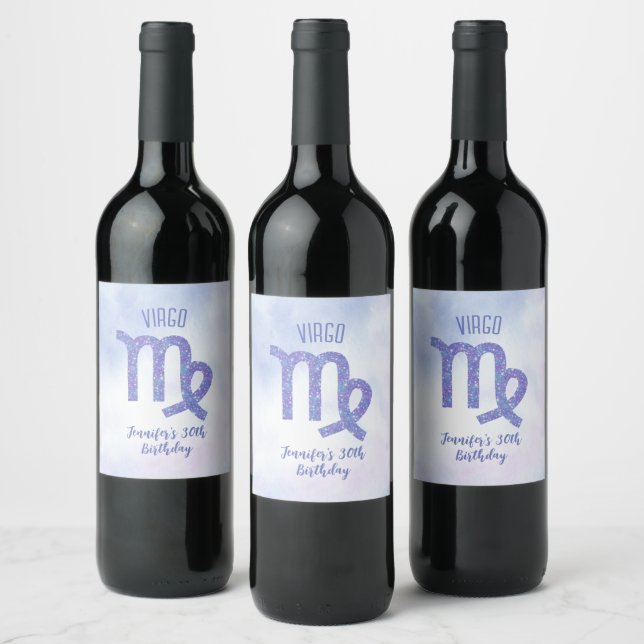 Cute Custom Virgo Purple Astrology Birthday Party Wine Label (Bottles)