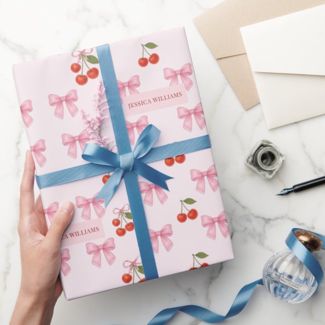 Cute Custom Watercolor Cherry Bow Coquette Pattern Wrapping Paper (Gifting)