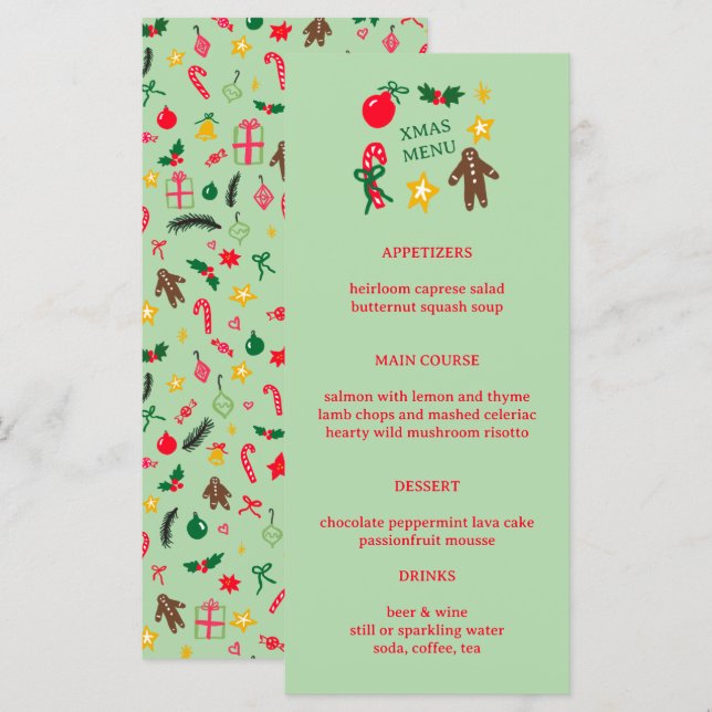 Cute CUSTOM XMAS Christmas Holiday Dinner Party Menu (Front/Back)