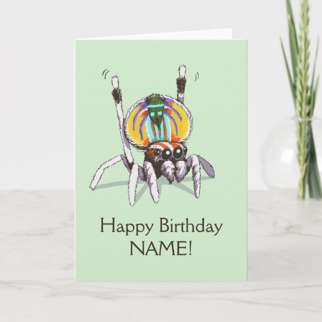 Cute Customised Peacock Spider Happy Birthday Card (Front)