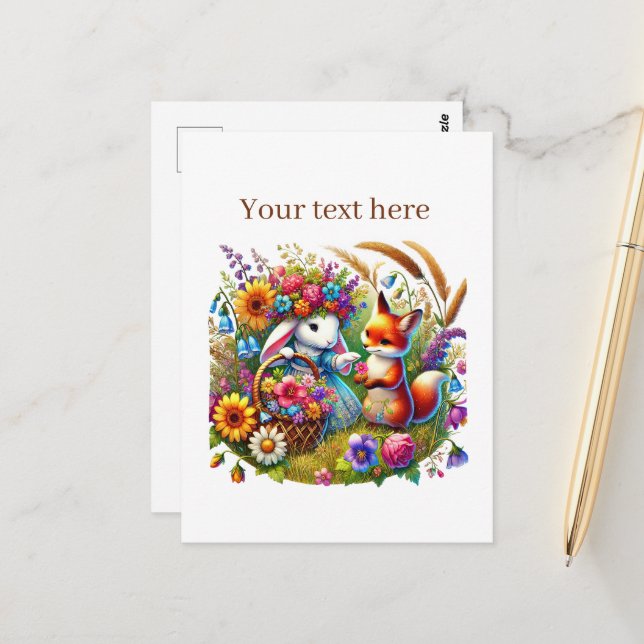 Cute customizable animal lovers fox bunny postcard (Front/Back In Situ)