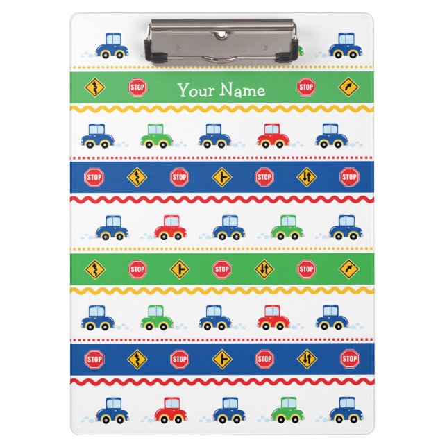 Cute Customizable Colourful Cartoon Cars Clipboard (Front)