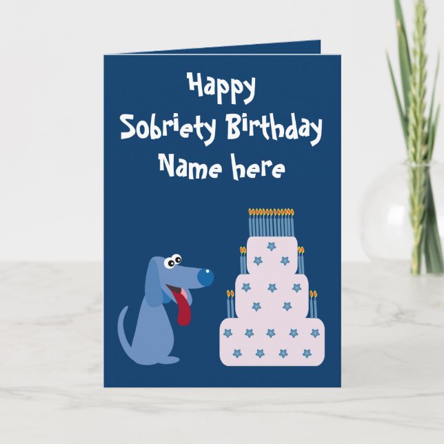 Cute Customizable Dog & Cake Sobriety Birthday Card (Front)