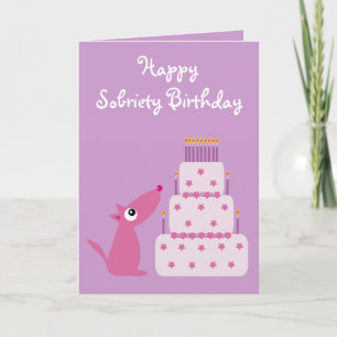 Cute Customizable Dog & Cake Sobriety Birthday Card