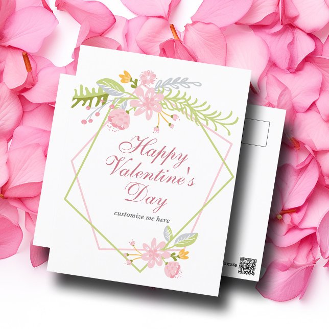 Cute Customizable Happy Valentines Day Pink Floral Postcard (Creator Uploaded)