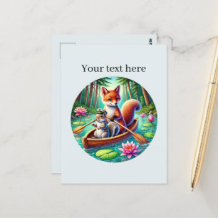 Cute customizable mixed animals canoeing postcard